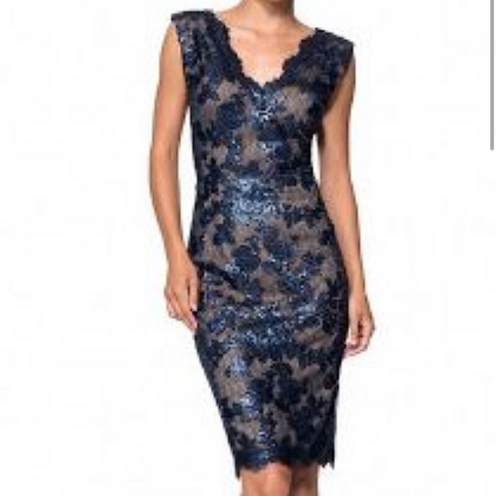 Tadashi Shoji Navy Sequin Midi Dress Formal Mother of the Bride Groom Guest